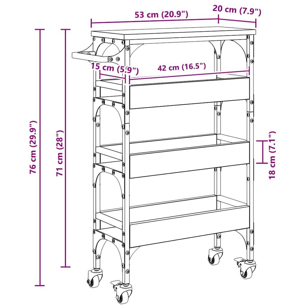 Eine Metallregalkonstruktion mit Rollen und vier Ablagen wird dargestellt. Die Abmessungen sind gekennzeichnet: Breite 53 cm, Tiefe 20 cm und Gesamthöhe 76 cm.