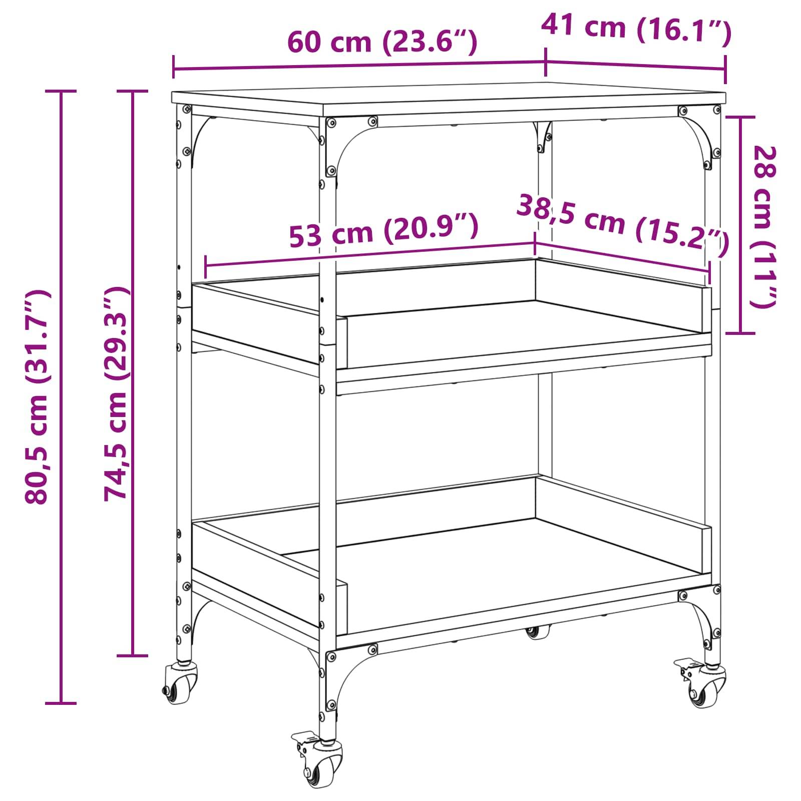 vidaXL Küchentrolley Schwarz Eichen-Optik 60 x 41 x 80,5 cm