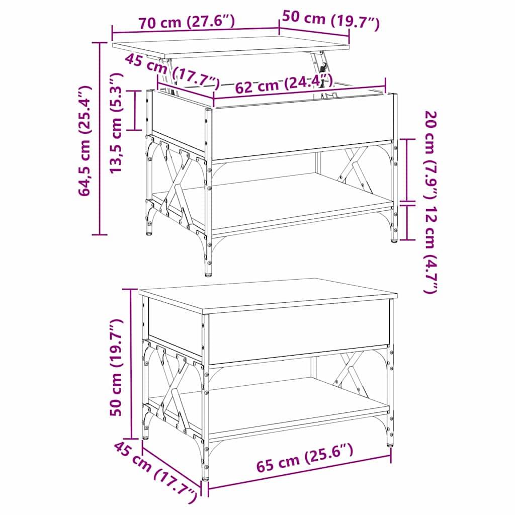 Linienzeichnung mit Maßangaben für zwei Tische. Oberer Tisch: 70 cm breit, 50 cm tief, 64,5 cm hoch. Unterer Tisch: 65 cm breit, 45 cm tief, 50 cm hoch.