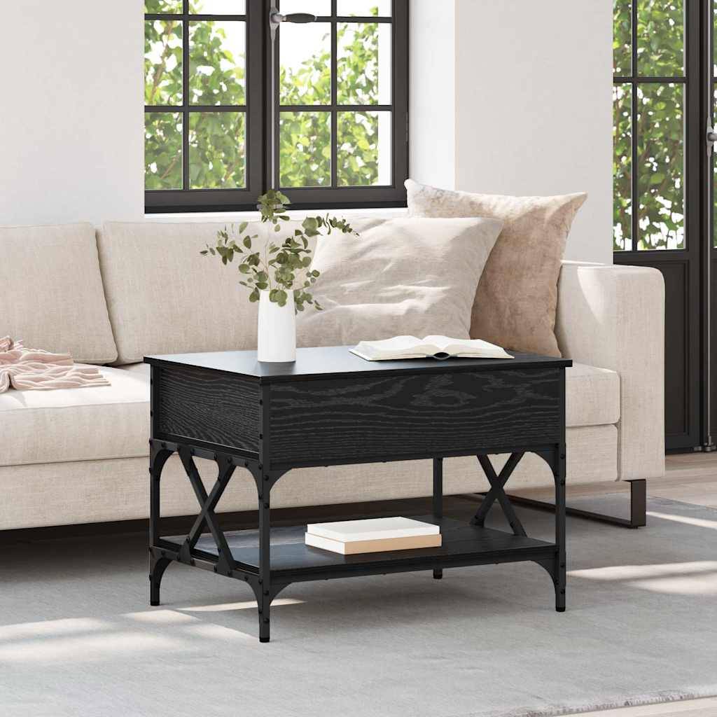 Ein modernes Wohnzimmer mit einem beigen Sofa, texturierten Kissen und einem schwarzen Couchtisch mit einer Topfpflanze. Große Fenster im Hintergrund.