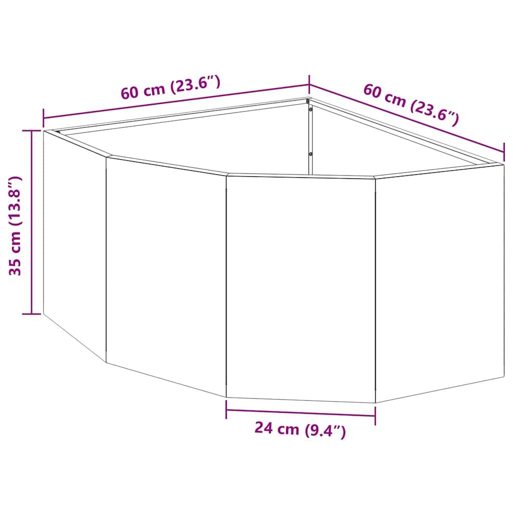 Diagramm eines fünfeckigen Gehäuses mit Maßangaben: 60 cm (23,6 Zoll) Seiten, 35 cm (13,8 Zoll) Höhe, 24 cm (9,4 Zoll) Grundfläche.