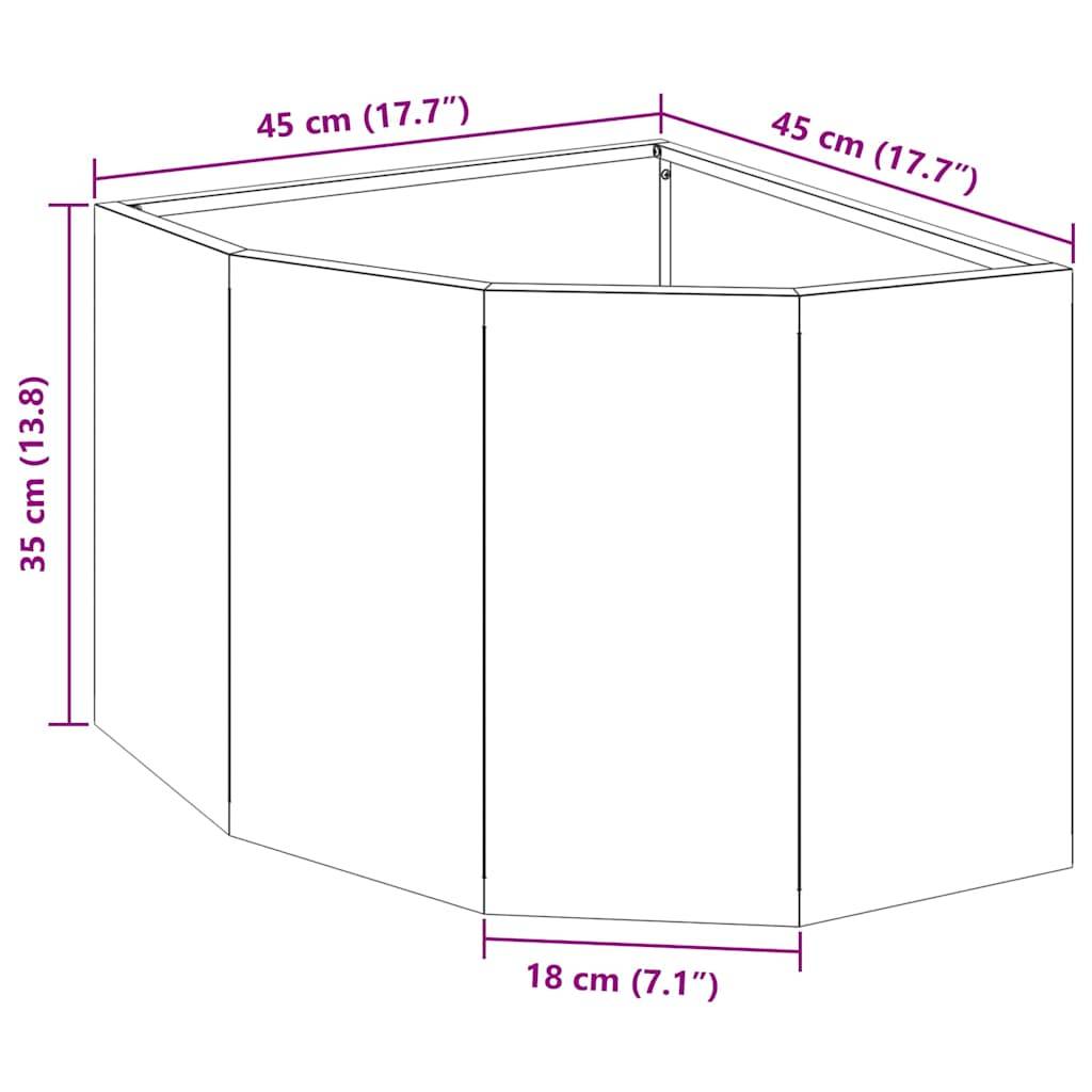 Technische Zeichnung eines Eckregals mit Maßangaben: 35 cm Höhe, 45 cm Tiefe pro Seite und 18 cm breite Mittensektion.