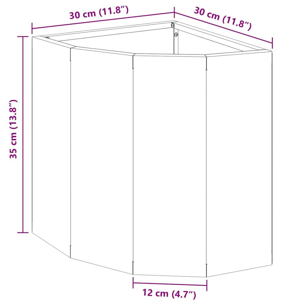 Faltbare Ecktrennwand mit Abmessungen: 30 cm x 30 cm x 35 cm in der Höhe. Das Frontpanel misst 12 cm.