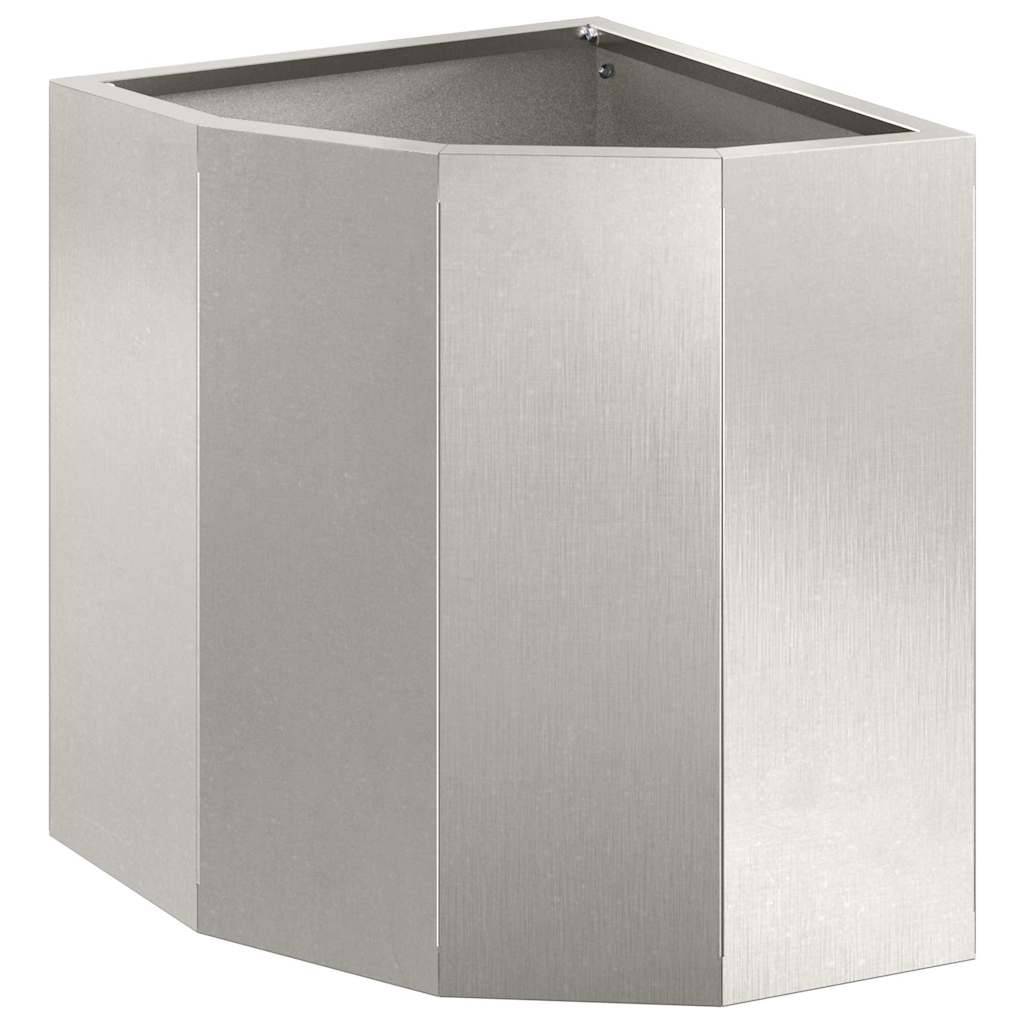 Eine Eckküchenschrank mit gebürstetem Metallfinnish, konzipiert für moderne Innenräume. Er verfügt über eine polygonale Form für die Platzierung in der Ecke.