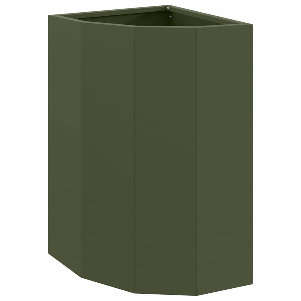 Ein grüner, eckiger Eckschrank mit modernem Design, der drei sichtbare Paneele aufweist.