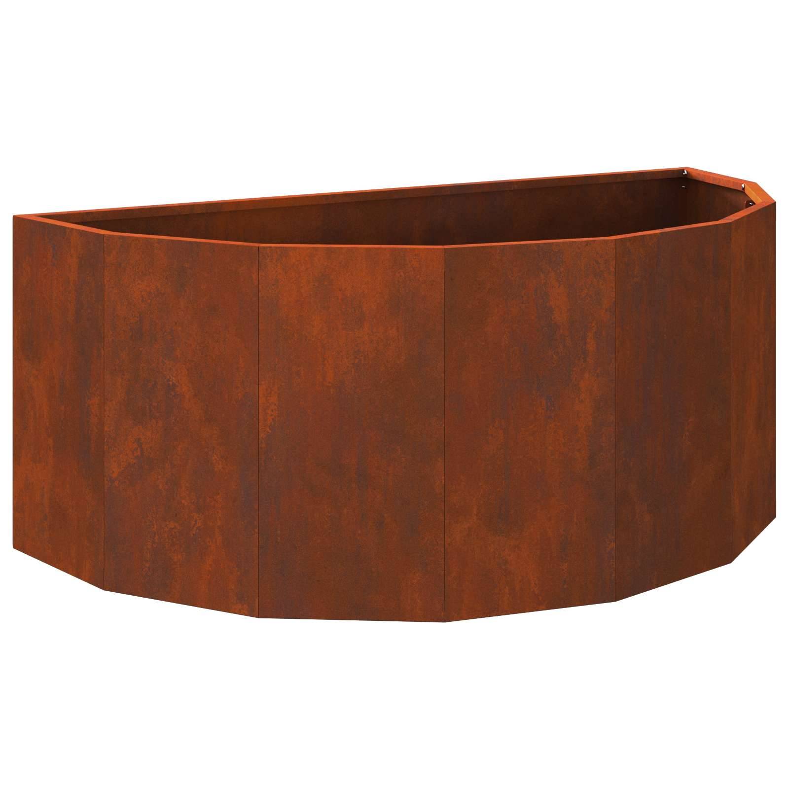 Ein rostfarbener Metallblumenkübel mit geometrischer Sechseckform, geeignet für den Außengartenbereich oder als Dekoration.