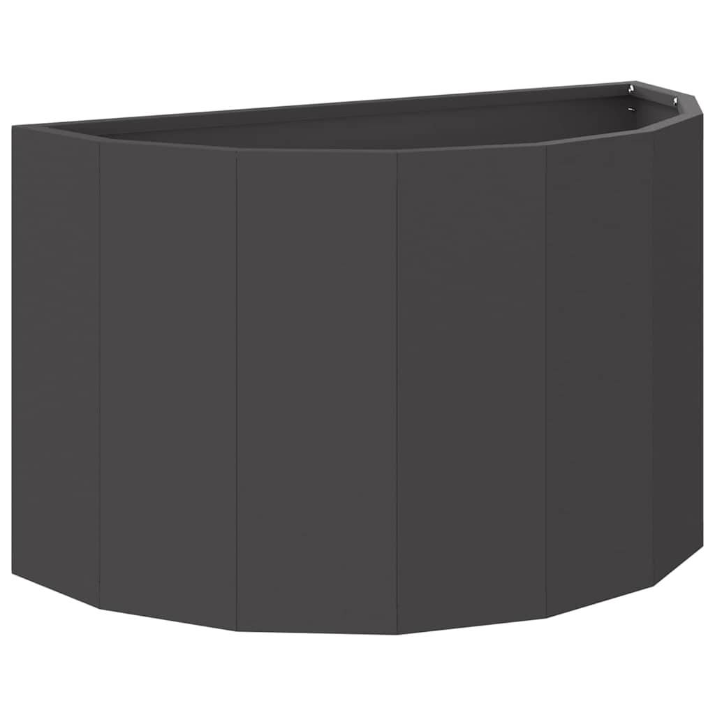 Ein dunkelgrauer, halbkreisförmiger Metallpflanzkübel mit elegantem, modernem Design.