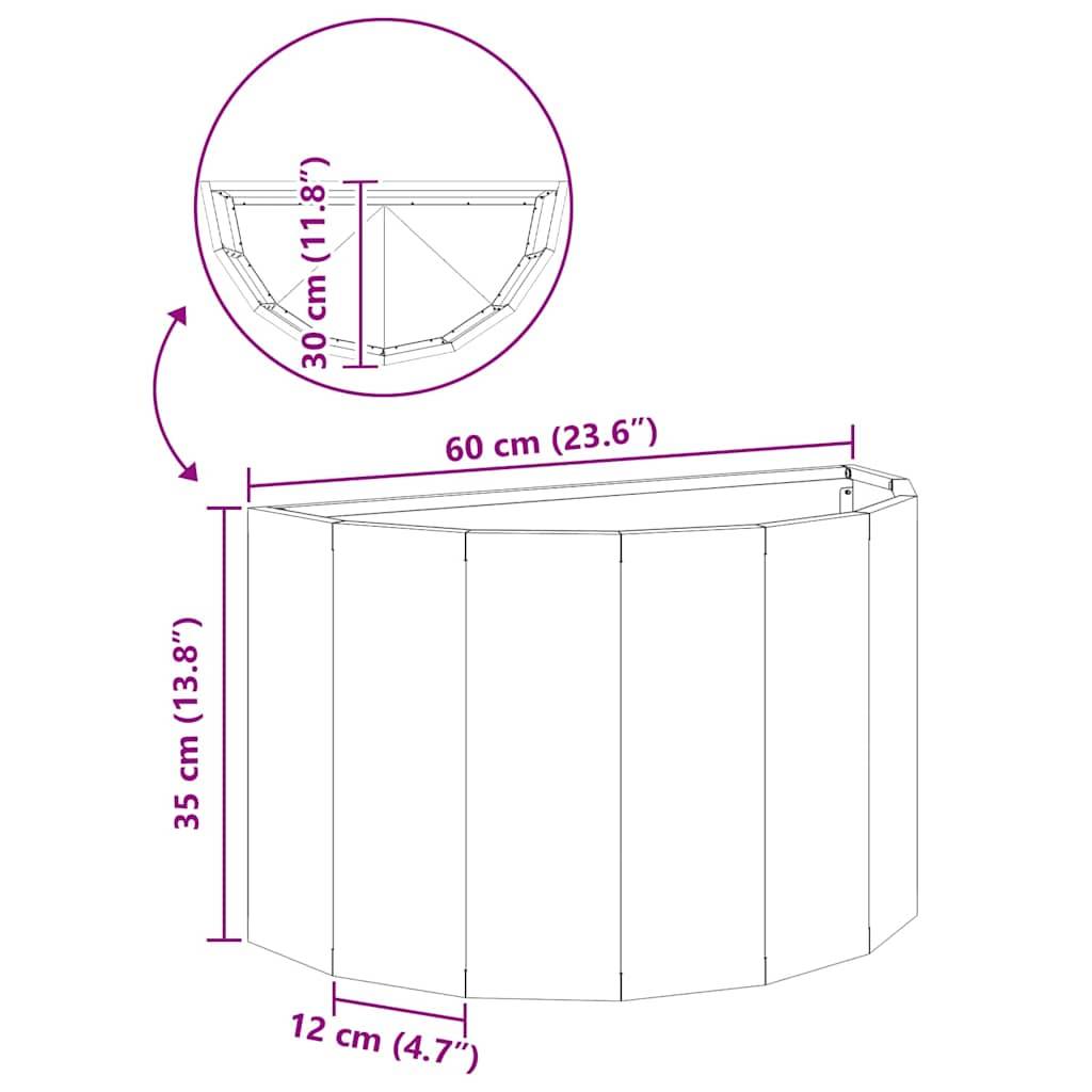 Diagramm zur Darstellung der Abmessungen eines halbkreisförmigen Objekts: 60 cm breit, 35 cm hoch, 12 cm tief. Enthält eine Detailansicht der gekrümmten Oberseite mit 30 cm Radius.