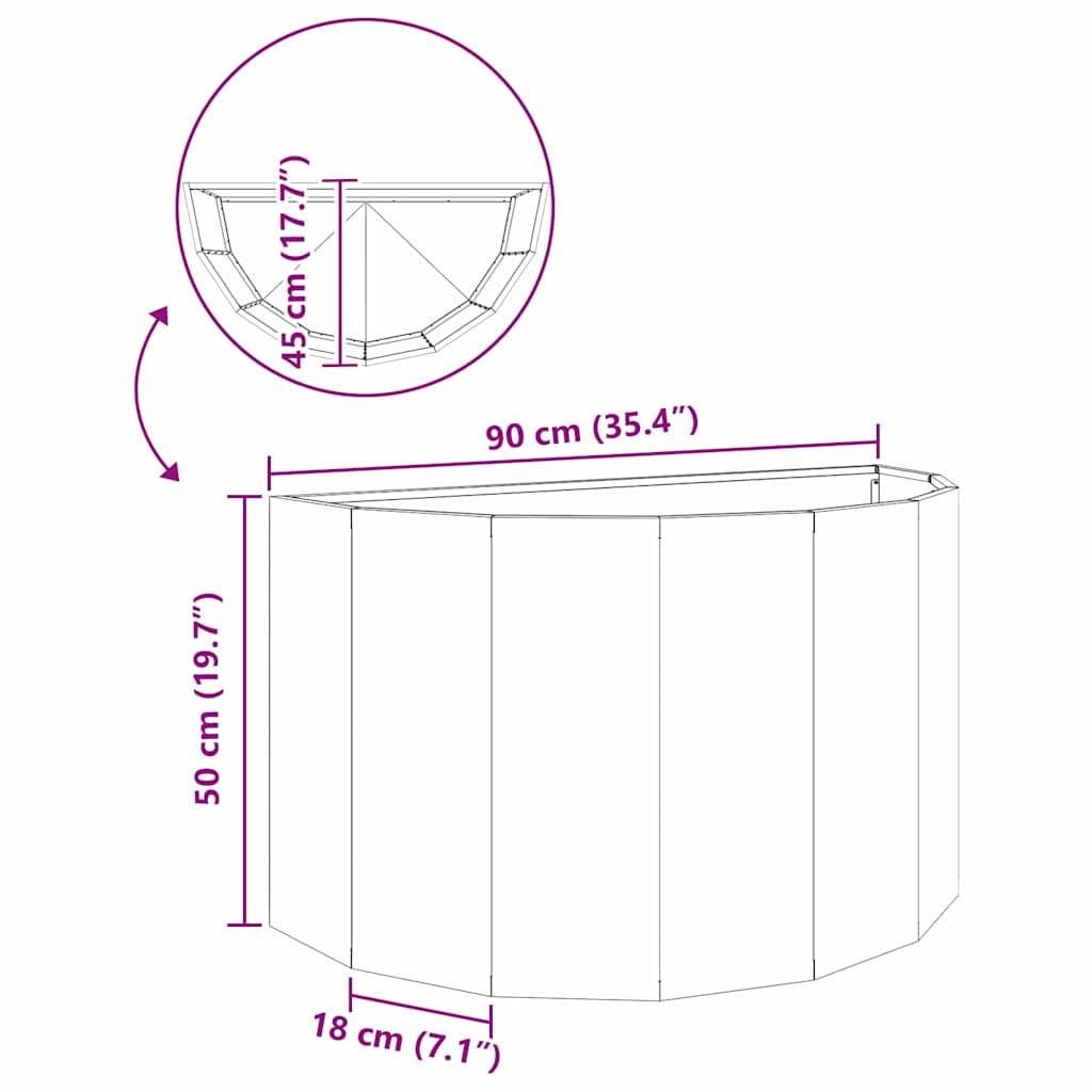 Diagramm eines sechseckigen Behälters mit Abmessungen: Breite 90 cm (35,4