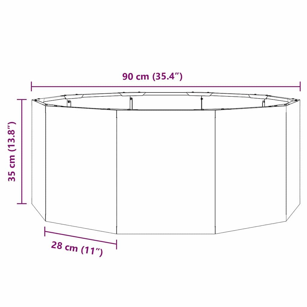 Diagramm eines Oktogonprismas mit beschrifteten Abmessungen: Durchmesser 90 cm (35,4 Zoll), Tiefe 28 cm (11 Zoll), Höhe 35 cm (13,8 Zoll).
