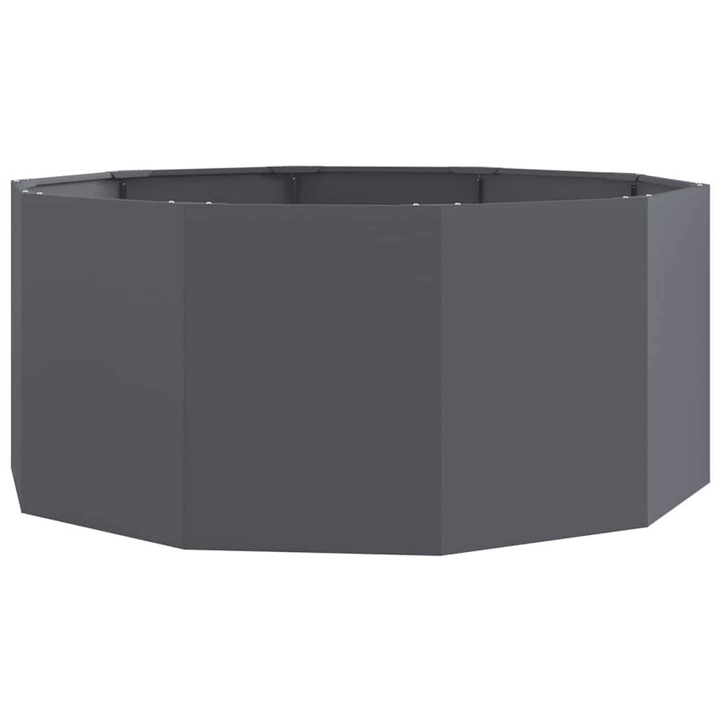 Eine graue, achteckige, offene Pflanzbox, die zum Gärtnern geeignet ist und sowohl für den Innen- als auch für den Außenbereich verwendet werden kann.