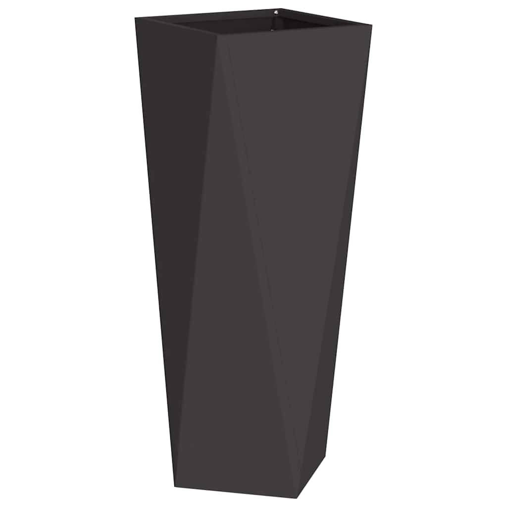 Eine hohe, moderne, schwarze geometrische Vase mit breitem quadratischem Oberteil, die sich nach unten zu einer schmaleren Basis verjüngt.
