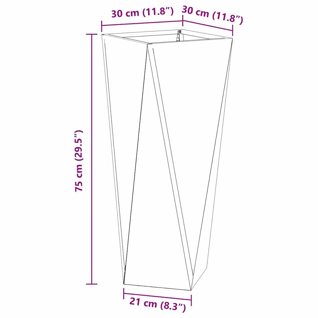 Eine hohe, geometrische Vase mit folgenden Abmessungen: Höhe 75 cm, Breite oben 30 cm, Breite unten 21 cm, dargestellt in einer Linienzeichnung mit Maßangaben in Zentimetern und Zoll.