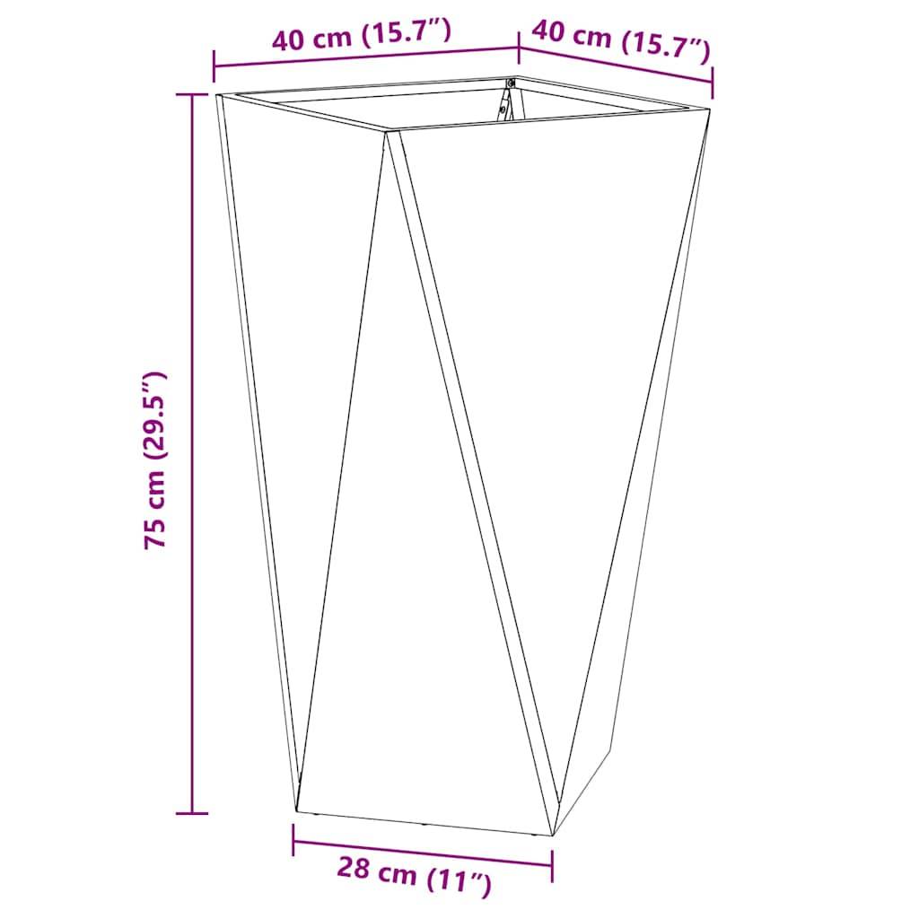 Technische Zeichnung eines hohen, konischen sechseckigen Pflanzgefäßes mit Maßangaben: Höhe 75 cm (29,5 Zoll), Oberkante 40 cm (15,7 Zoll), Basisdurchmesser 28 cm (11 Zoll).