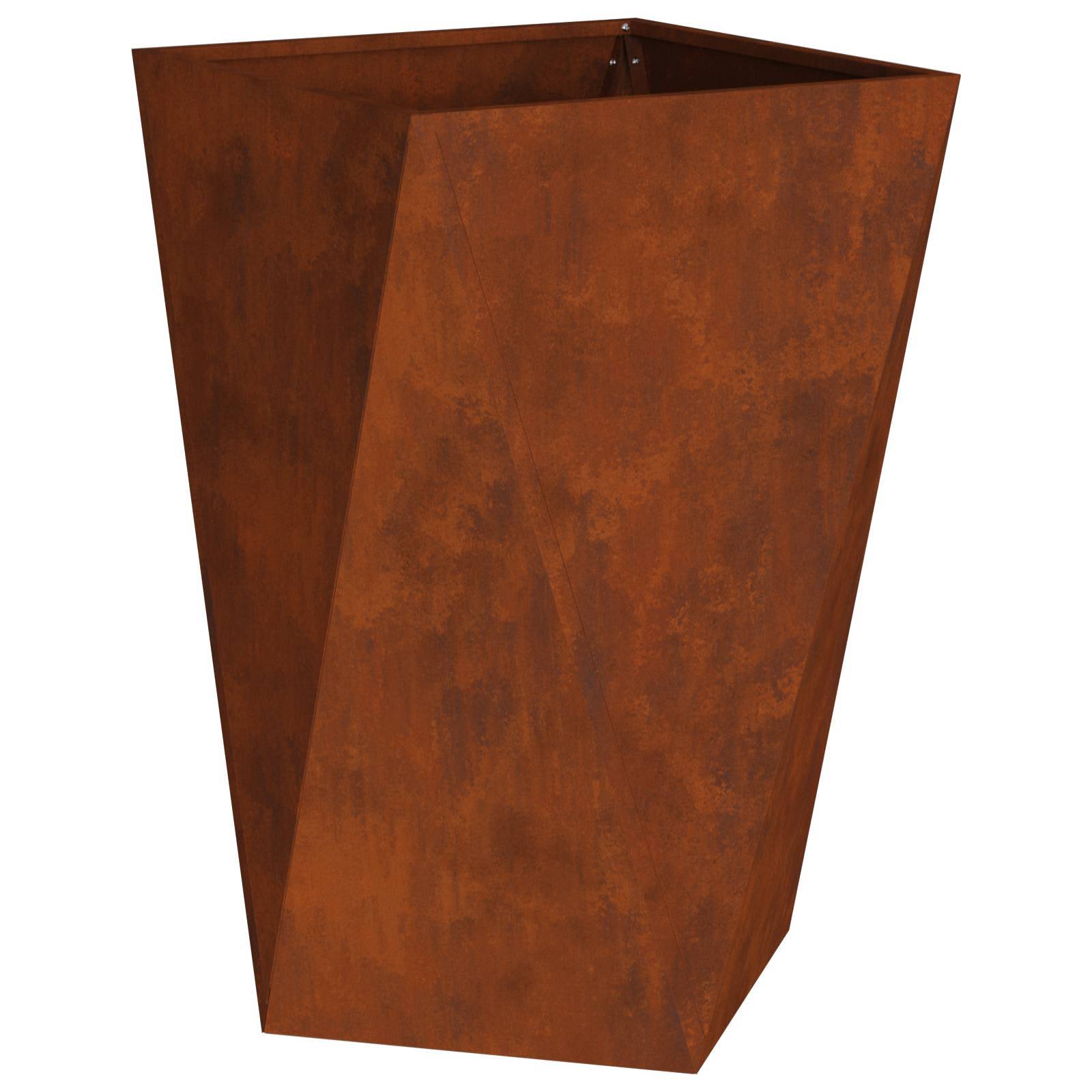 Großer, rostfarbener, kantig geformter Metalblumenkübel mit modernem, geometrischem Design.
