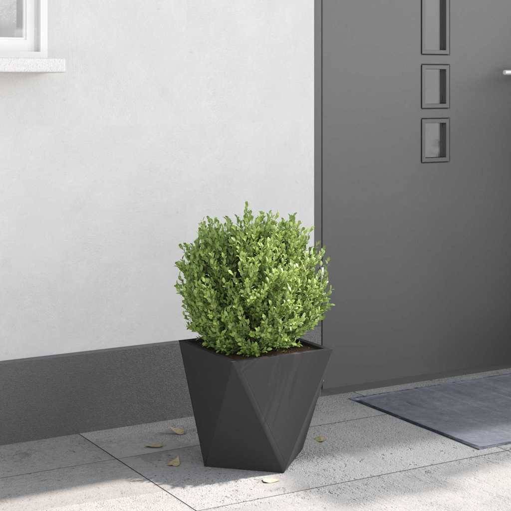 Ein kleiner grüner Strauch in einem modernen, eckigen schwarzen Pflanztopf steht auf einer Terrasse neben einer grauen Tür mit rechteckigen Fenstern.