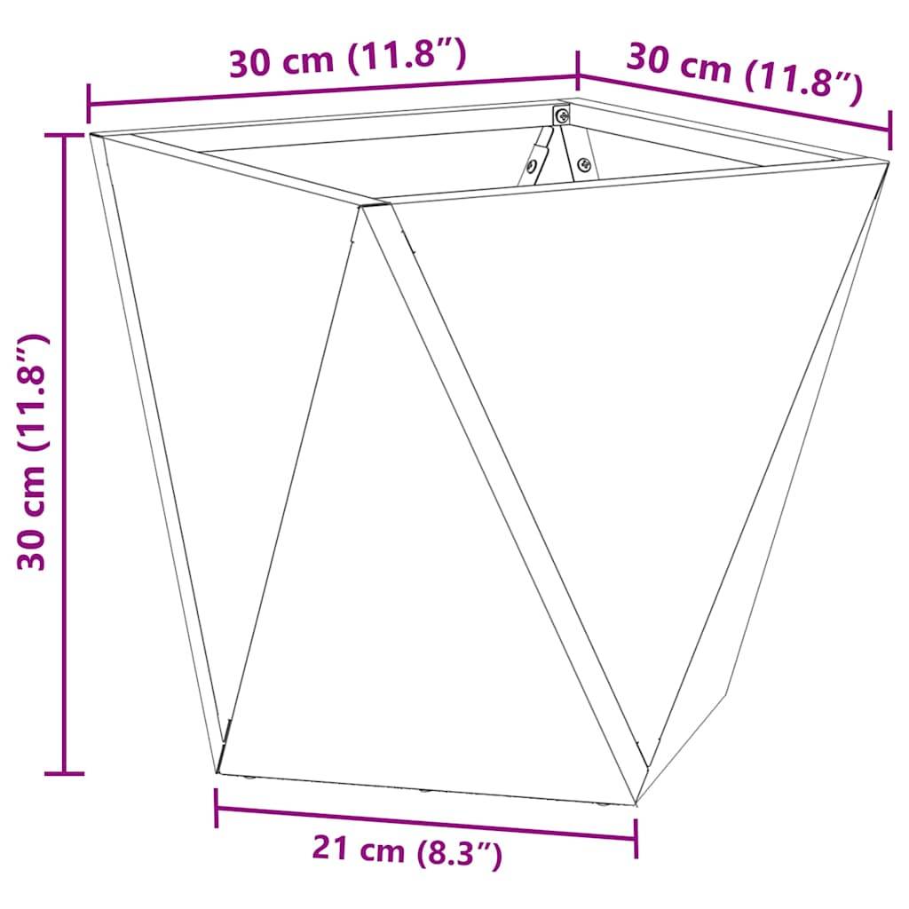 Eine Skizze eines geometrischen Pflanzgefäßes mit Abmessungen: Oberbreite 30 cm (11,8 Zoll), Höhe 30 cm (11,8 Zoll), Unterbreite 21 cm (8,3 Zoll).
