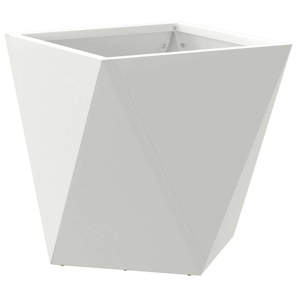 Ein weißer, geometrischer Pflanzkübel mit modernem, eckigem Design.