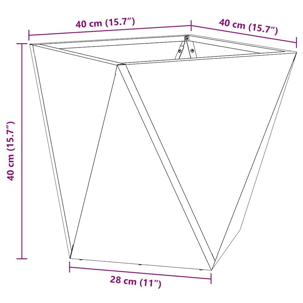 Diagramm eines sich verjüngenden Behälters mit Abmessungen: Höhe 40 cm, Oberseite 40 cm breit, Basis 28 cm breit. Geneigte Linien bilden eine trapezförmige Form.