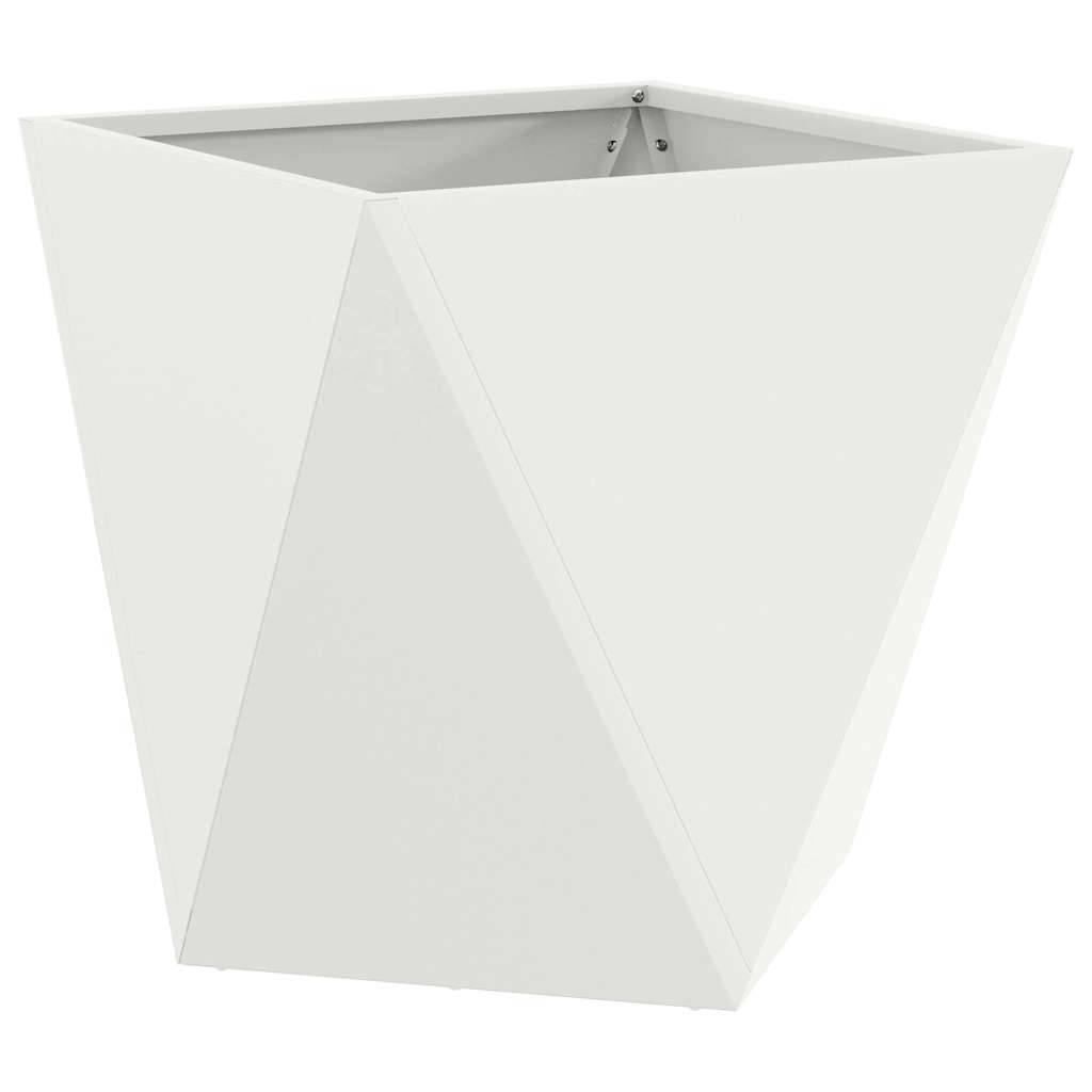 Weißer geometrischer Pflanzentopf mit modernem, eckigem Design, charakterisiert durch klare Kanten und eine glatte Oberfläche. Geeignet für den Einsatz im Innen- und Außenbereich.