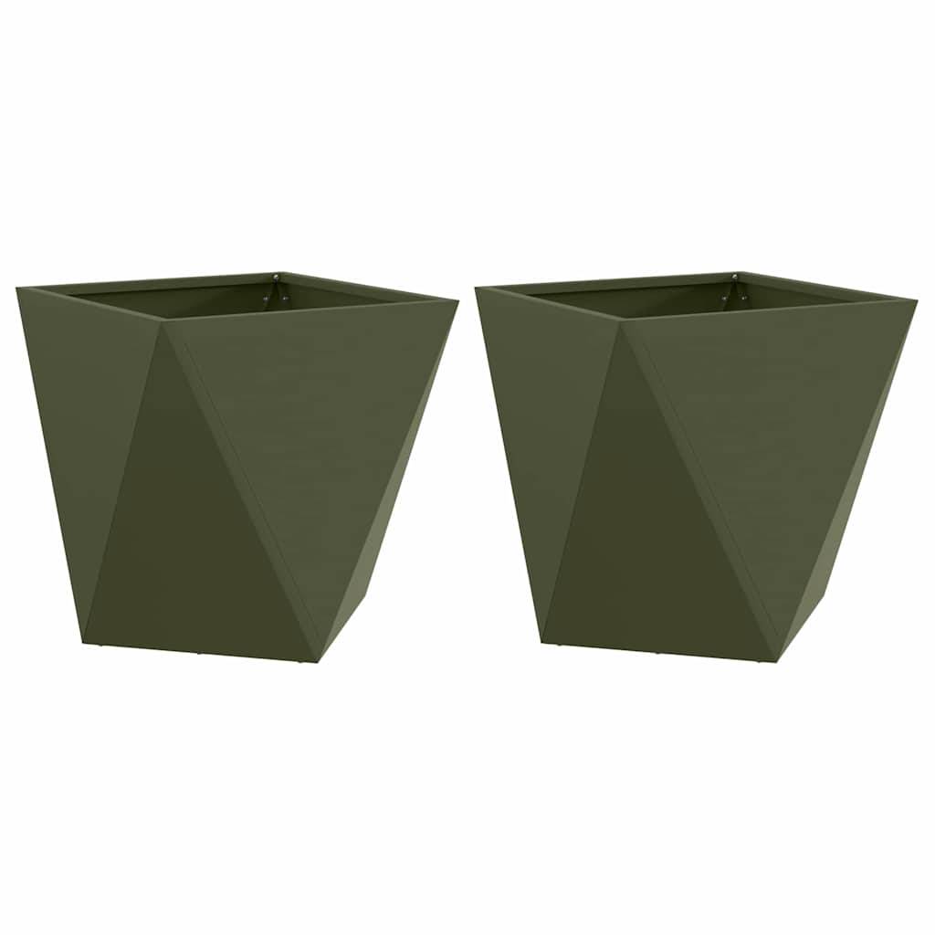 Zwei dunkelgrüne, eckige Pflanzgefäße mit geometrischem Design, nebeneinander platziert.