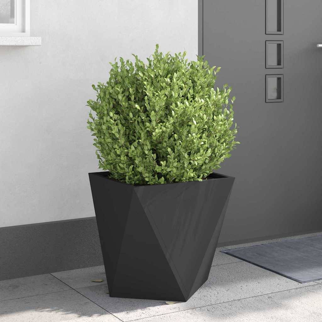 Ein üppiger grüner Busch in einem geometrischen schwarzen Pflanzkübel auf einer Betonterrasse, neben einer modernen grauen Tür.