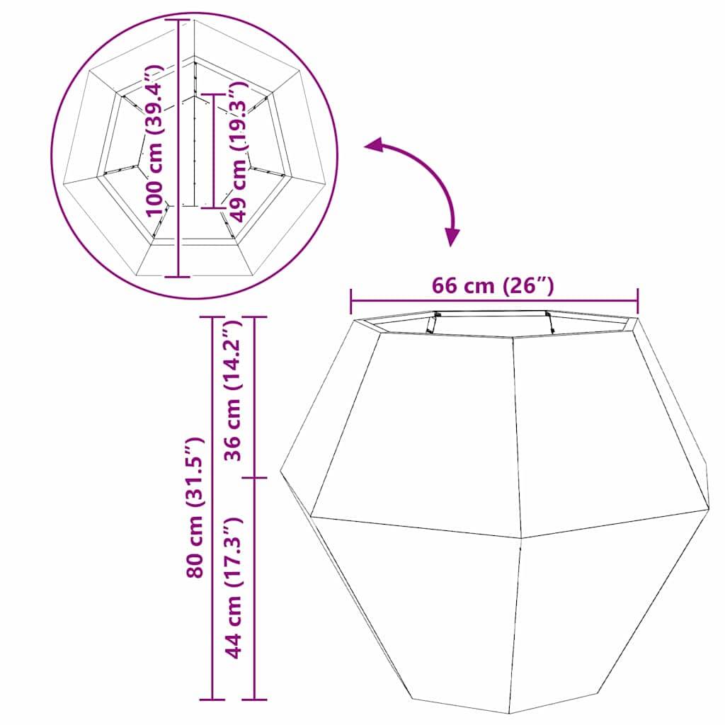 Geometrische Topfdiagramm mit Maßangaben: 80 cm Höhe, 66 cm Durchmesser am oberen Rand, 49 cm Durchmesser an der Basis. Pfeile zeigen die Montagemethode.