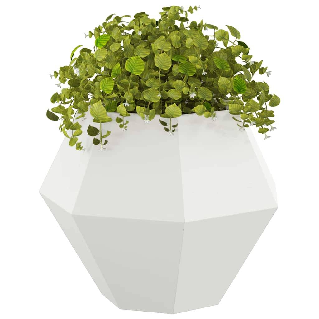 Ein geometrischer weißer Pflanztopf beherbergt eine üppige, blattreiche grüne Pflanze und schafft damit ein modernes Dekorationselement, das sich ideal für Innenräume eignet.