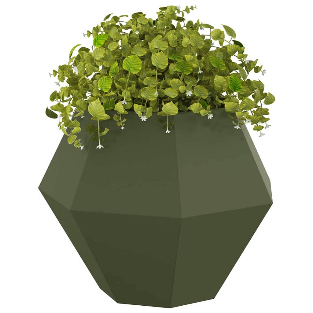 Ein geometrischer, dunkelgrüner Pflanzentopf mit üppigen grünen Ranken, die über den Rand herabhängen und eine moderne Interpretation der Zimmerbepflanzung präsentieren.