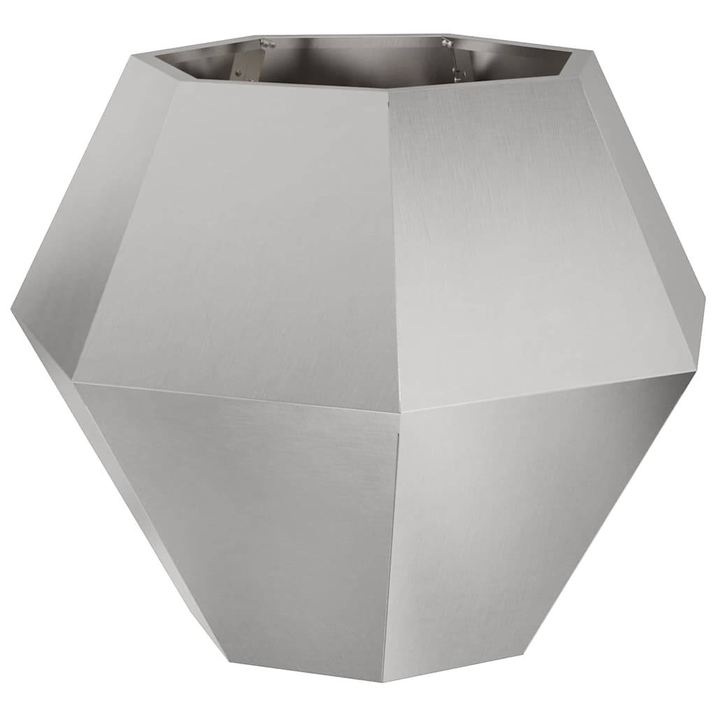 Ein geometrischer, silberner Metallpflanzer mit mehreren flachen Facetten, der sich nach unten verjüngt.
