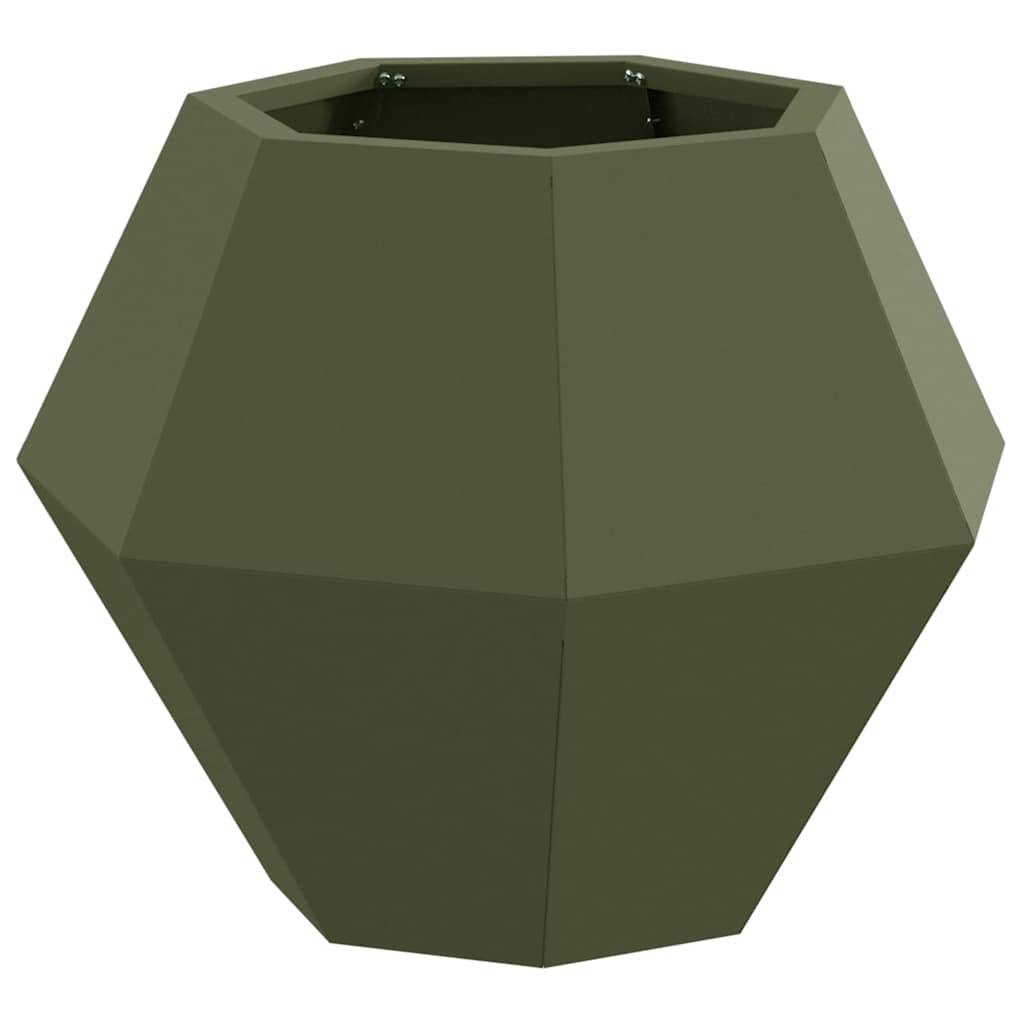 Ein geometrischer, dunkelgrüner, sechseckiger Pflanzkübel mit modernem, facettiertem Design.
