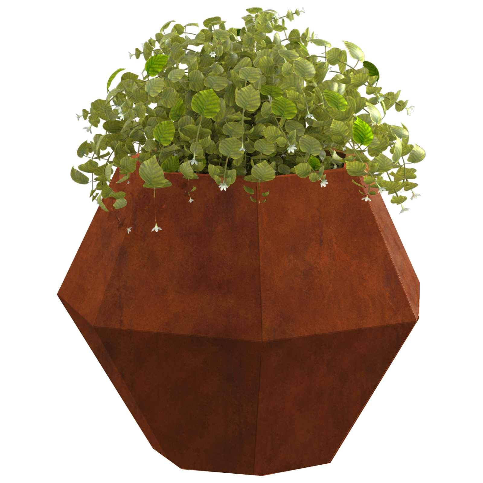 Ein geometrischer rostfarbener Blumenkasten mit üppiger grüner kleinblättriger Pflanze, die über die Ränder hinunterwächst.