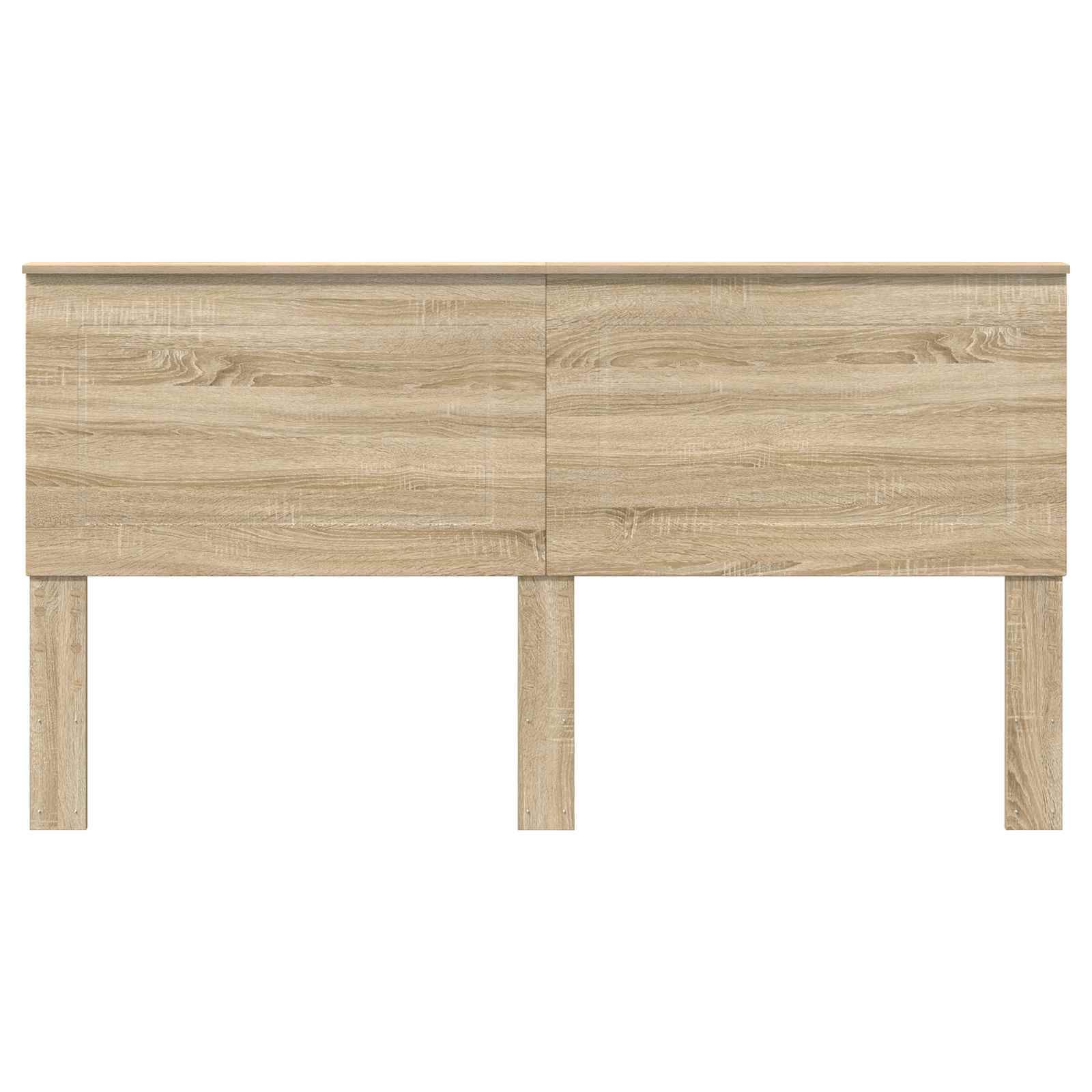 Ein Kopfteil aus Holz mit natürlicher Oberflächenbehandlung, das ein minimalistisches Design mit zwei vertikalen Paneelen und drei Stützbeinen aufweist.