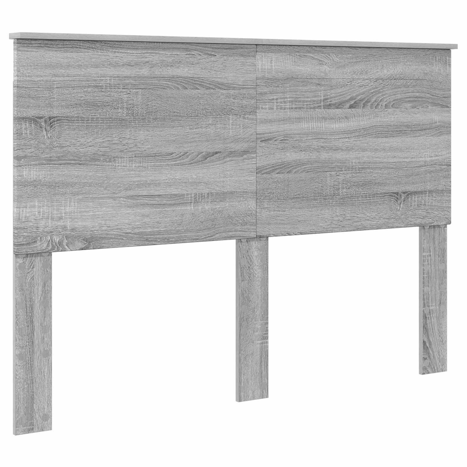 Ein grauer Holzkopfteil mit einem eleganten, modernen Design mit rechteckiger Form und sichtbarer Holzmaserung.