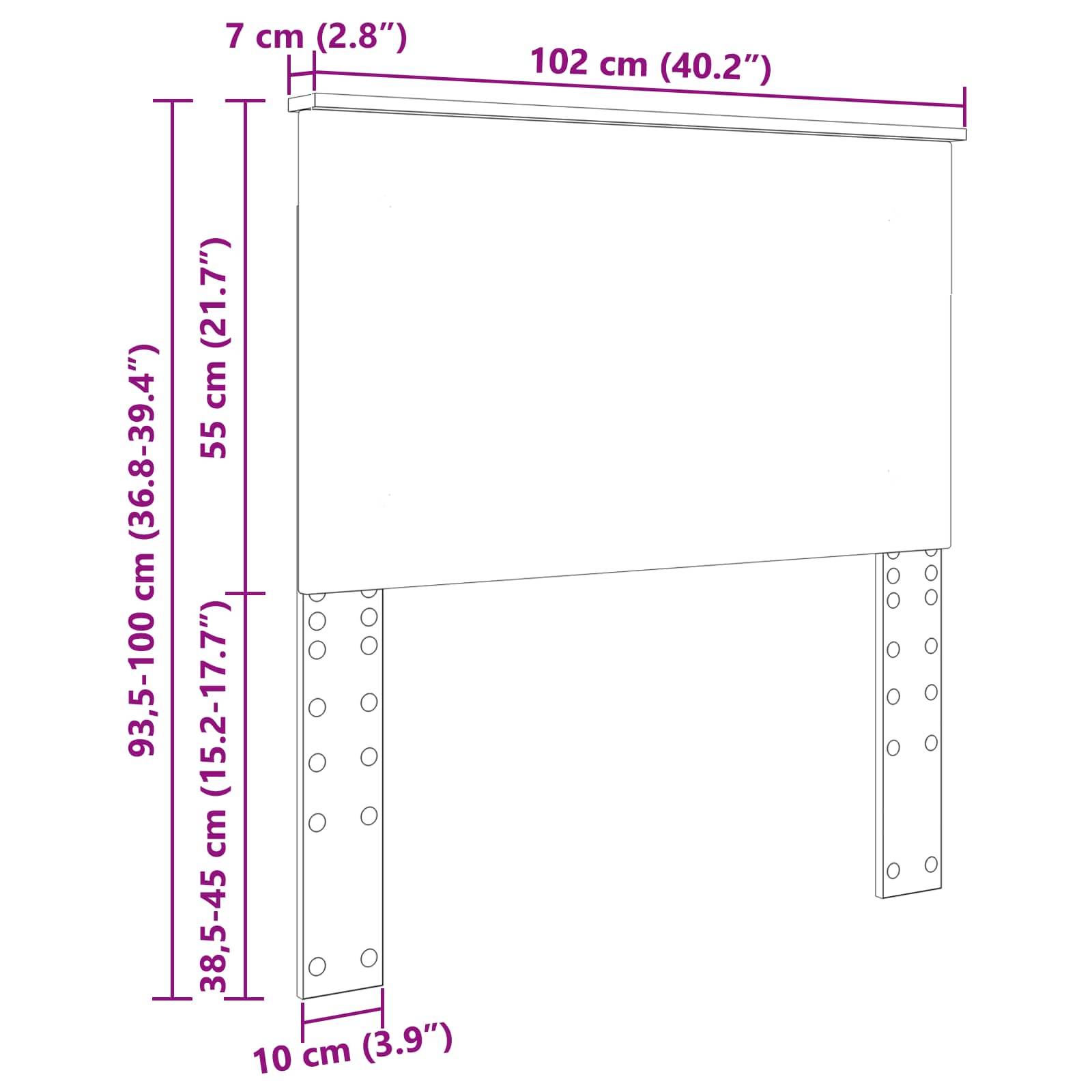 Ein Diagramm, das die Abmessungen eines rechteckigen Bretts mit verstellbarer Höhe zeigt. Breite: 102 cm (40,2