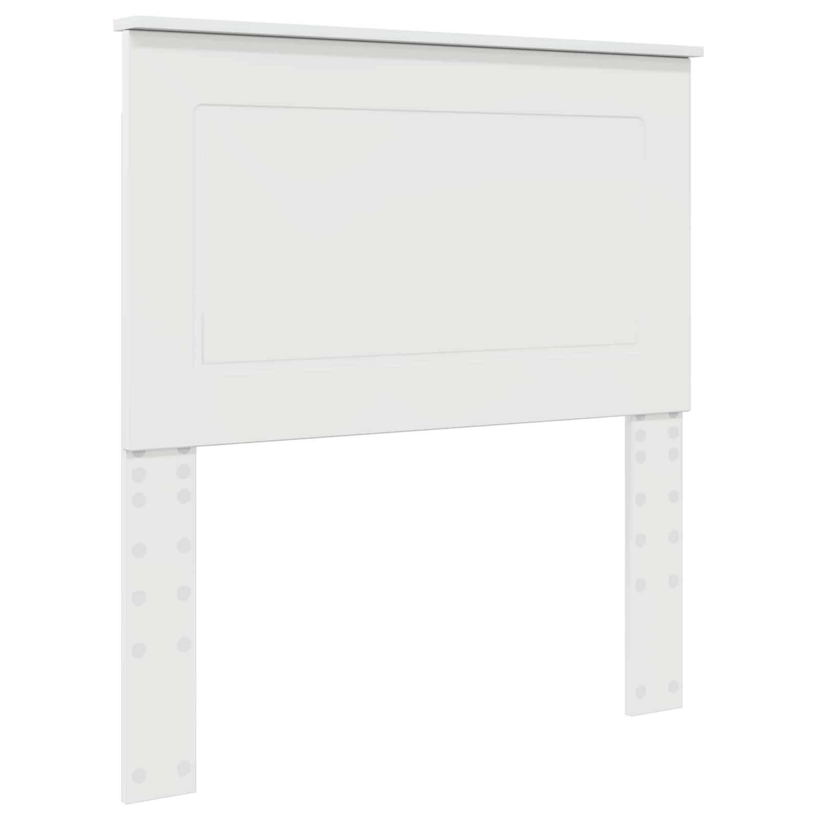 Ein weißes Holzkopfteil mit einfachem rechteckigem Design und zwei Stützbeinen, geeignet für ein Einzelbett.