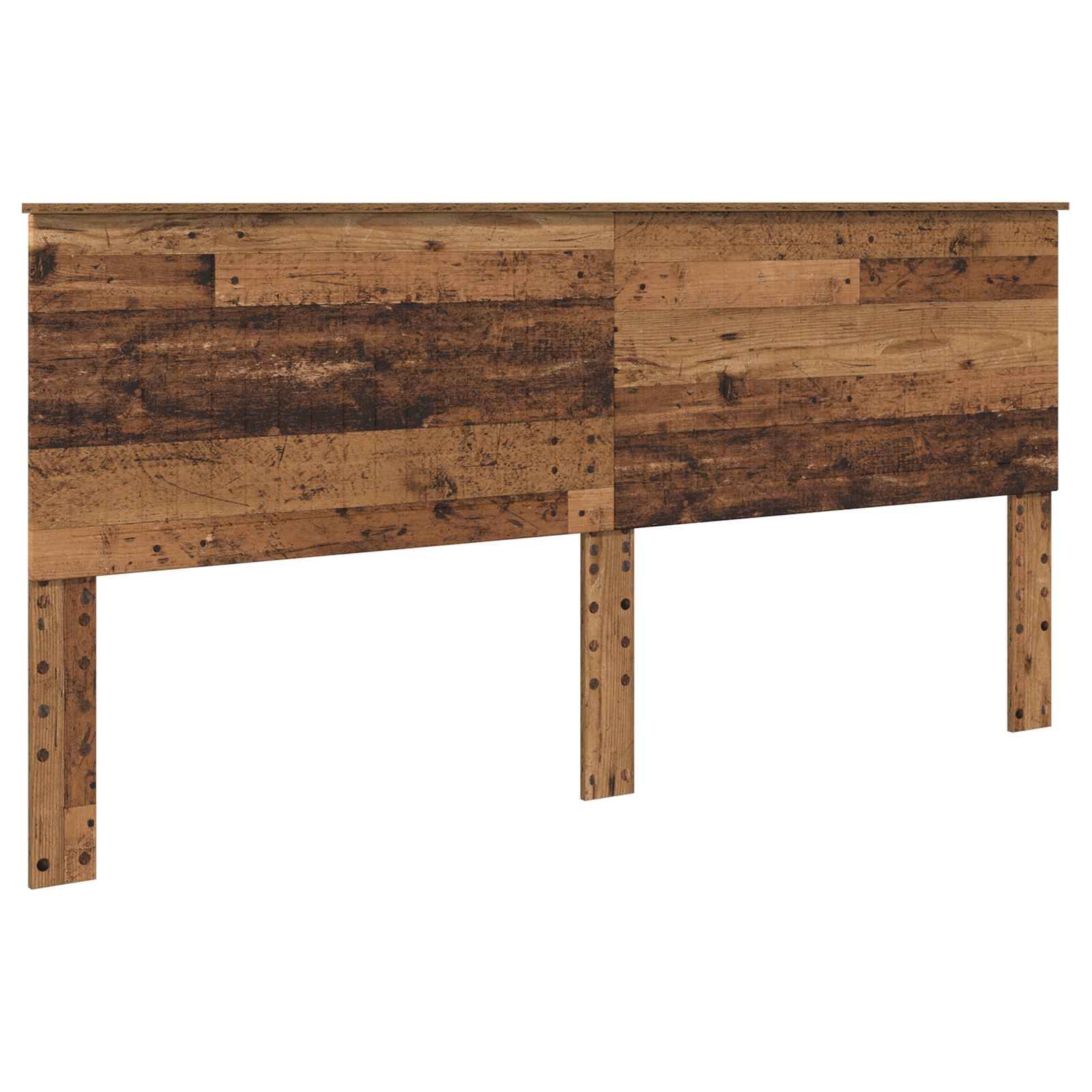 Ein rustikales Holzkopfteil mit verwittertem Finish und verstellbaren Beinen. Das Design zeichnet sich durch Paneele mit unterschiedlichen Holztönen und Texturen aus.