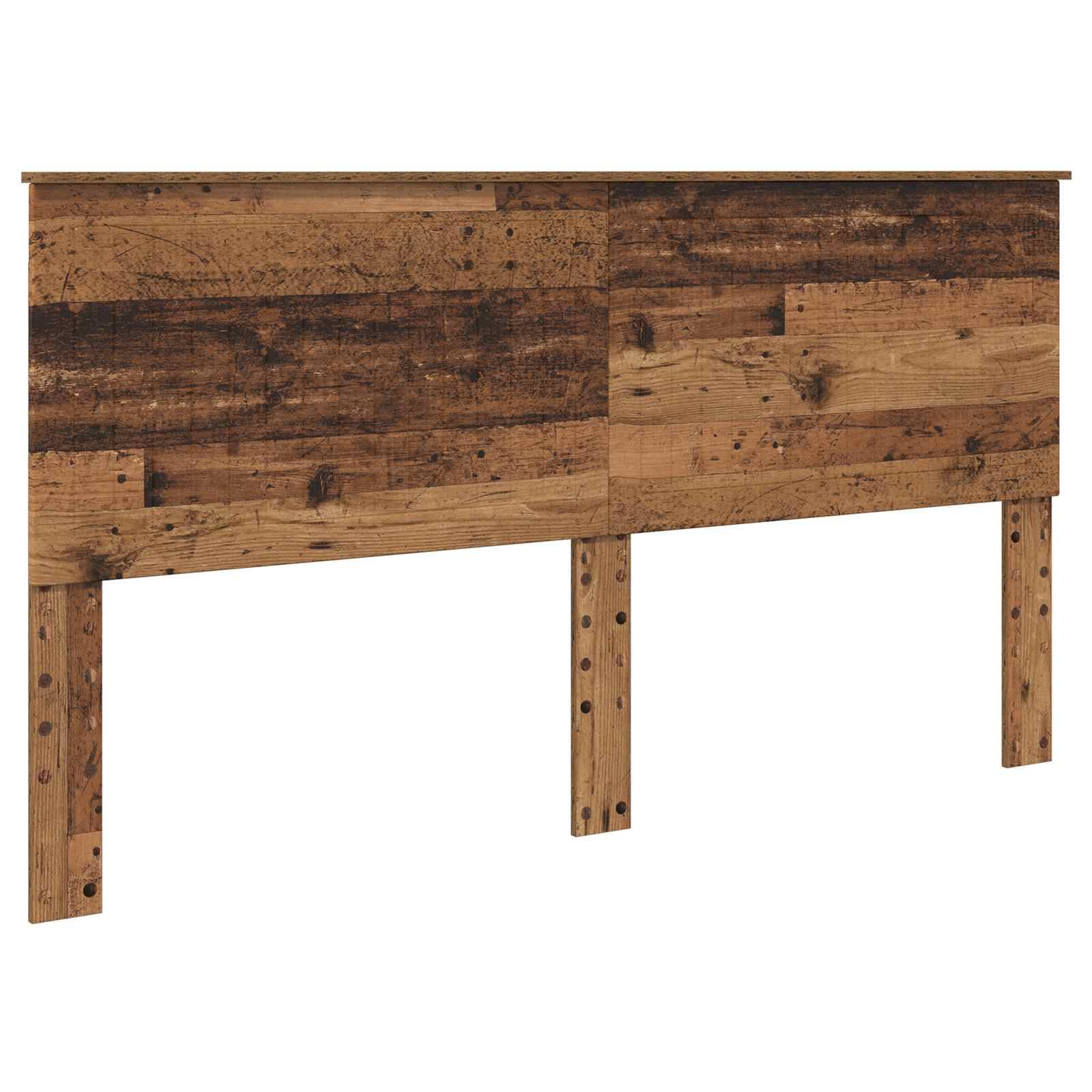 Rustikales Holzkopfteil mit verwitterter Oberfläche, ausgestattet mit zwei vertikalen Stützbeinen und einem einfachen rechteckigen Design.