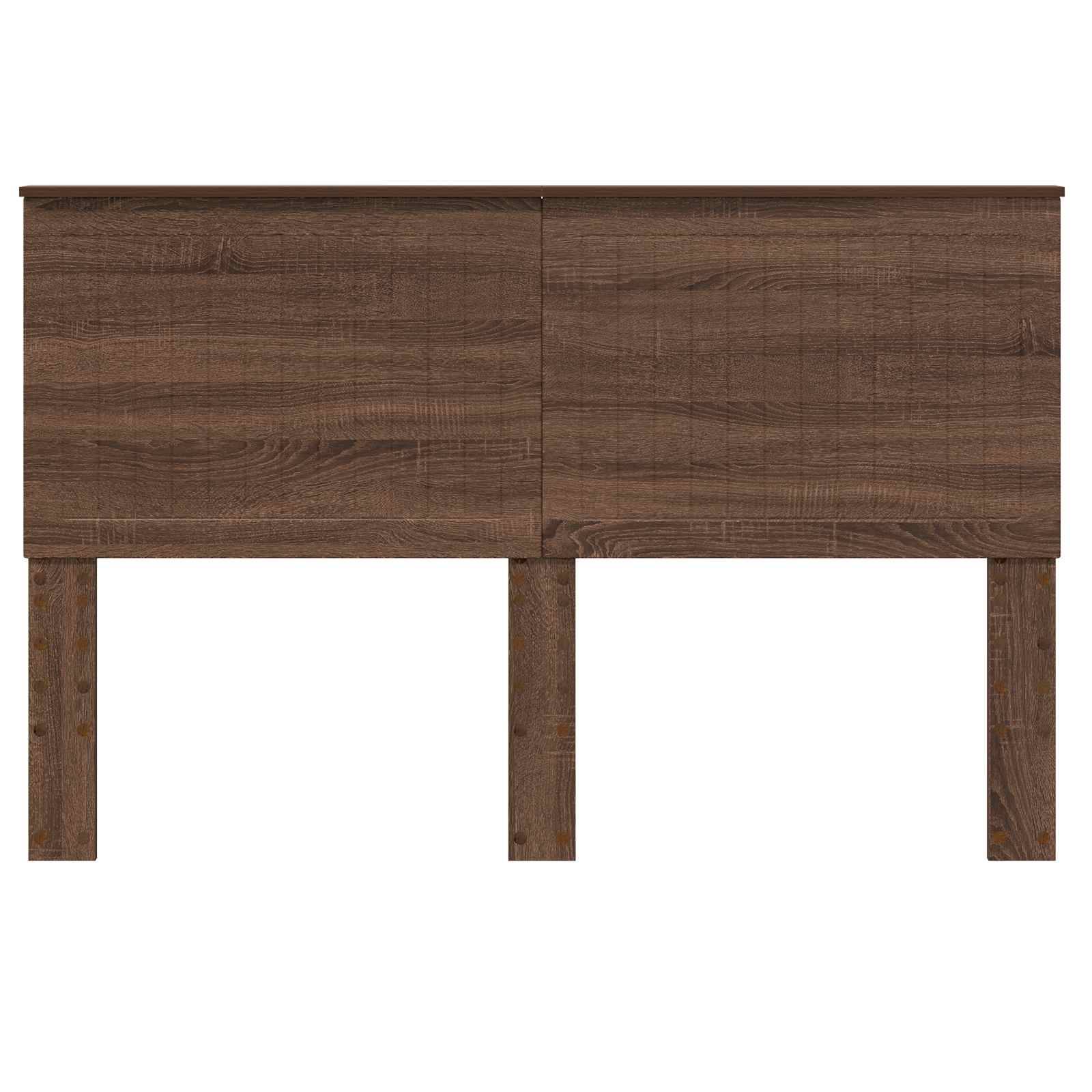 Ein dunkles Holzkopfbrett mit flacher Oberkante und zweiteiligem Design, gestützt durch drei robuste Beine, geeignet für ein Queensize-Bett.
