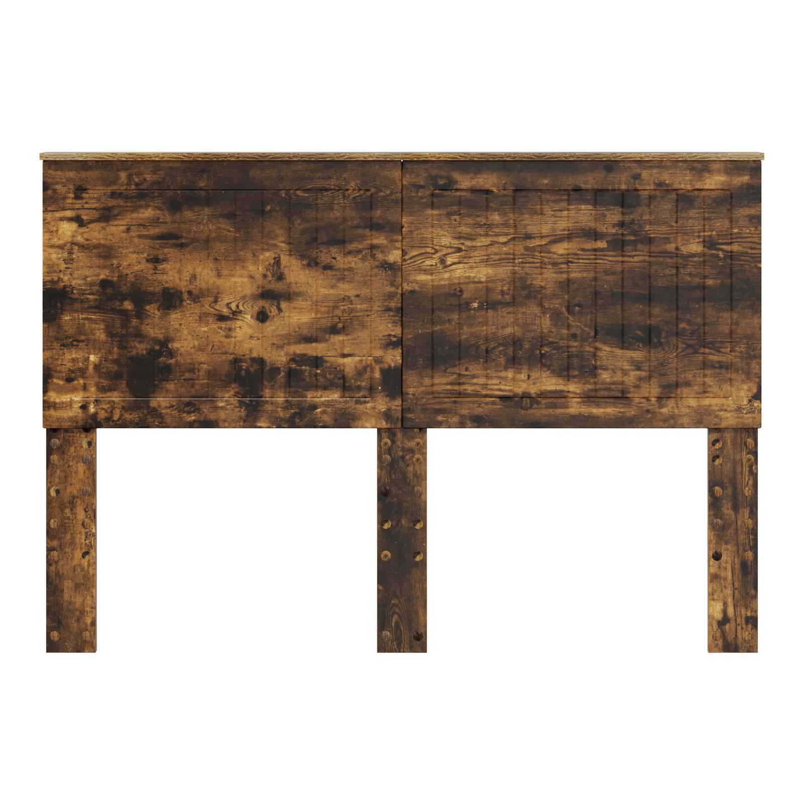 Ein rustikales Holzkopfbrett mit verwittertem Finish, das vertikale Paneele und zwei stabile Beine aufweist und sich für einen Bettrahmen eignet.