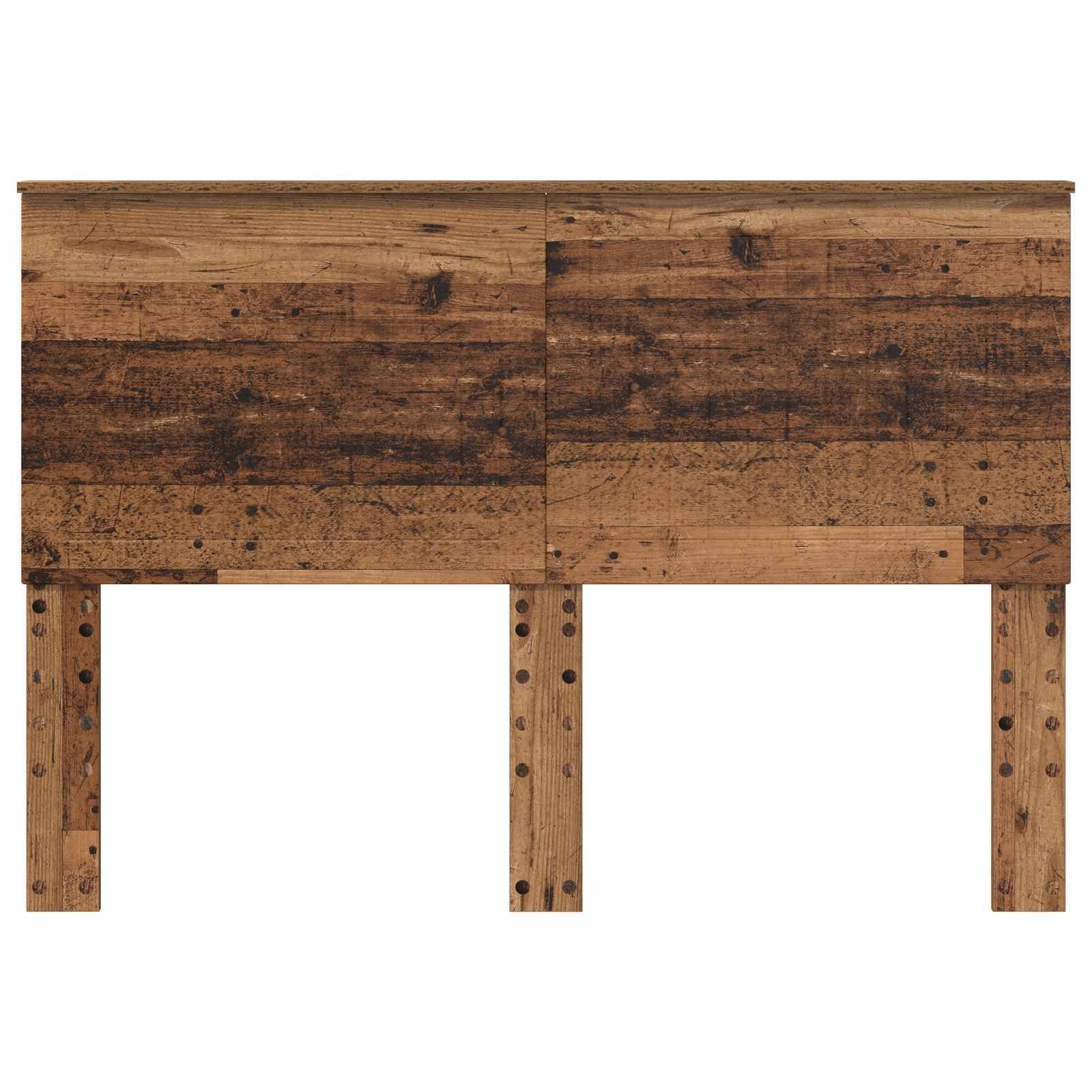 Ein rustikales Holzkopfteil mit verwittertem Finish, das ein einfaches rechteckiges Design und zwei stabile Beine aufweist.