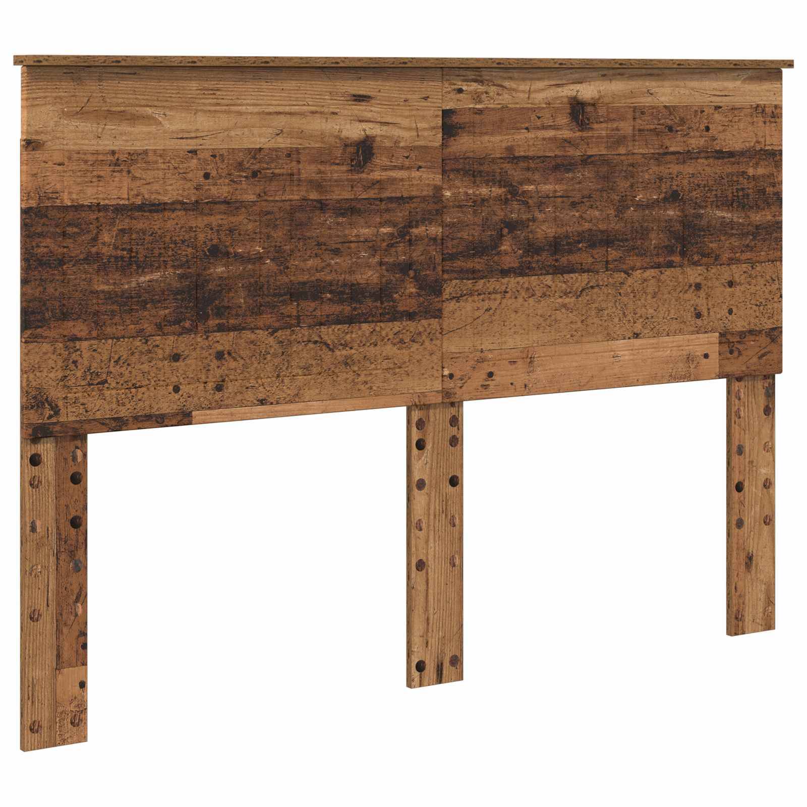 Ein rustikales Holzkopfbrett mit verwittertem Finish, das ein einfaches rechteckiges Design und vertikale Stützpfosten aufweist.