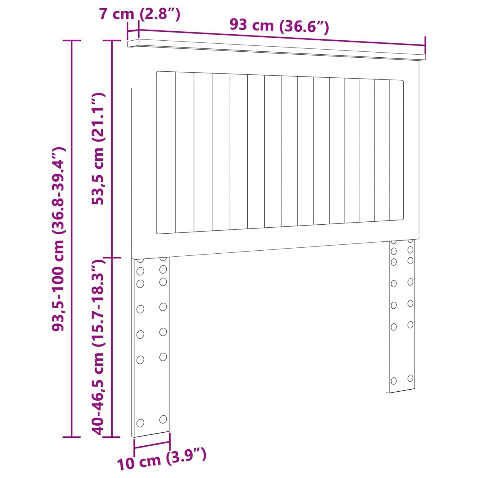 Diagramm des Möbel-Kopfteils. Abmessungen: 93 cm Breite, 53,5 cm Höhe, verstellbare Montagepunkte von 40-46,5 cm bis 93,5-100 cm.