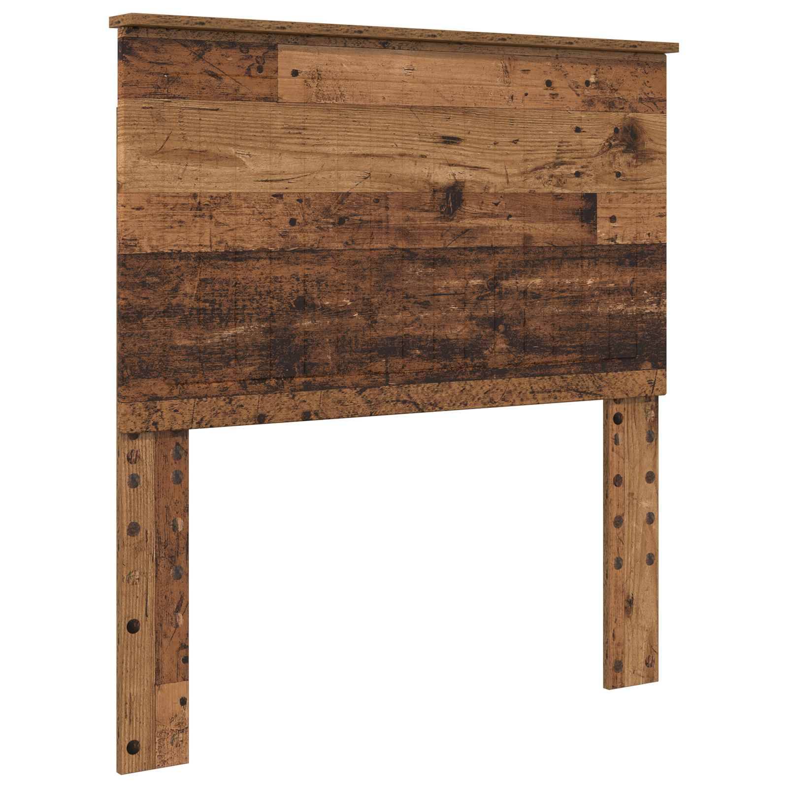 Ein rustikales Holzkopfteil mit einem Patchwork aus verschiedenen Holztexturen und Farbtönen, das an den Beinen freiliegende Bolzen für einen industriellen Look aufweist.