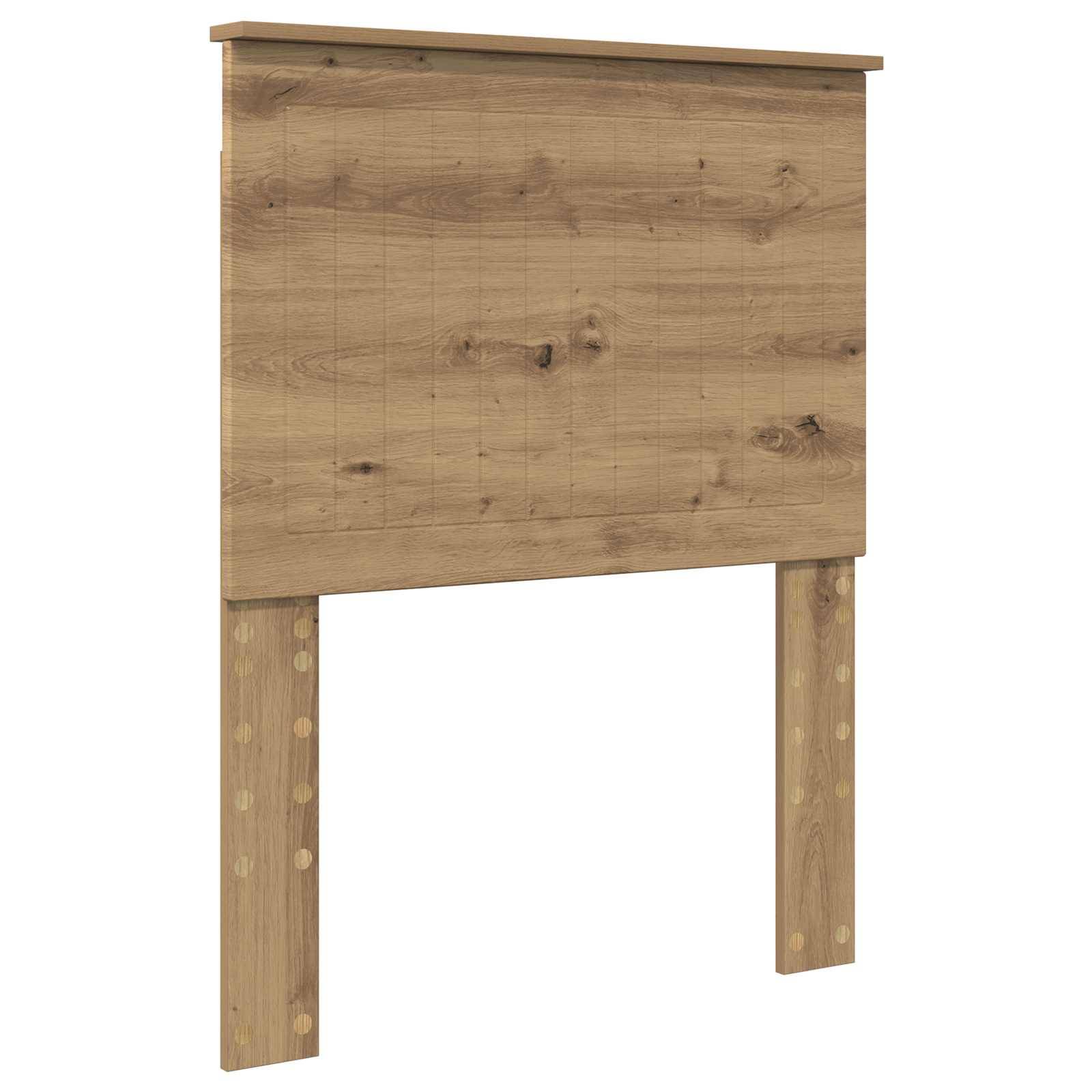 Ein Kopfteil aus Holz mit natürlicher Oberfläche, das vertikale Holzmaserungsmuster aufweist und angebrachte Beine zur Unterstützung des Bettgestells hat.