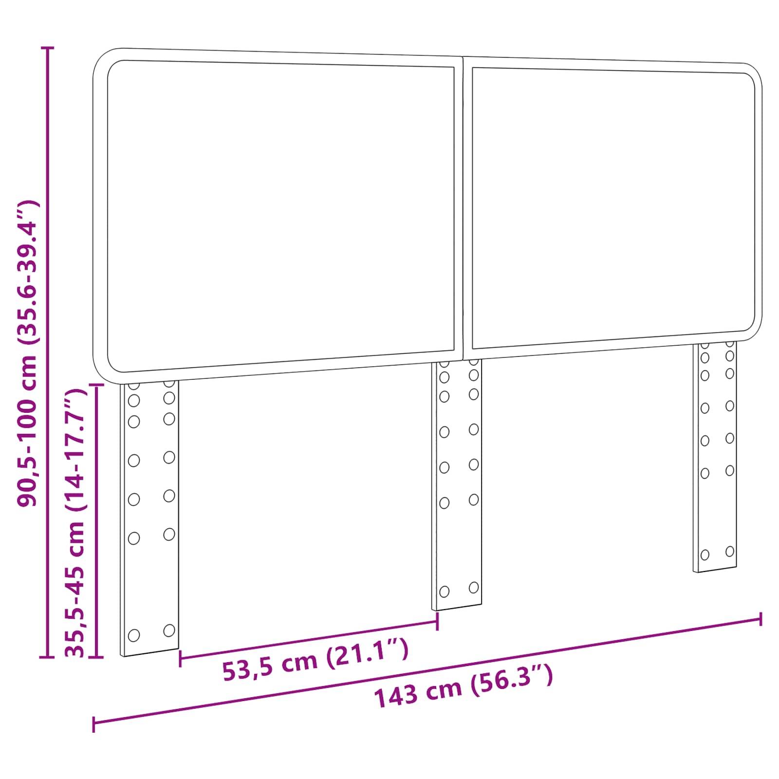 Diagramm mit den Abmessungen eines zweiteiligen Kopfendes. Breite: 143 cm (56,3 Zoll), Höhen: 90,5-100 cm (35,6-39,4 Zoll) und 35-45 cm (13,7-17,7 Zoll).