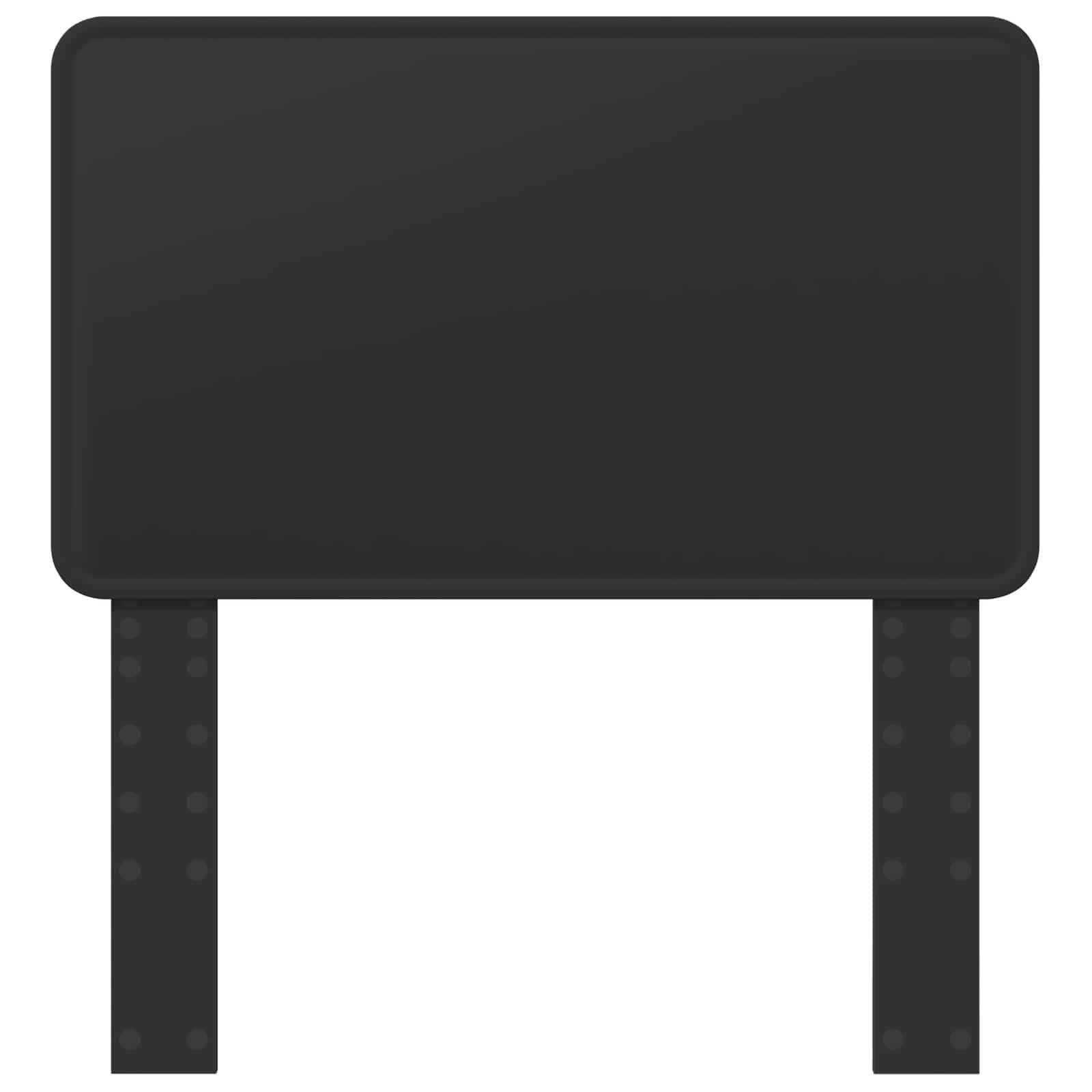 Ein leeres schwarzes rechteckiges Schild mit abgerundeten Ecken, gestützt von zwei vertikalen schwarzen Pfosten mit runden Löchern.