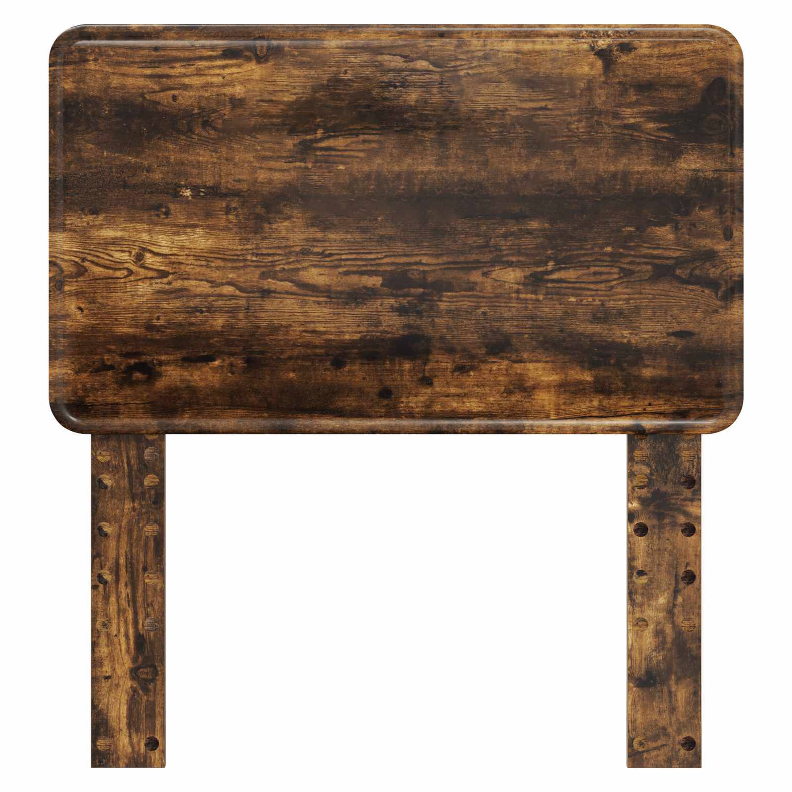 Eine rustikale, hölzerne Tischplatte mit rechteckiger Form und einer dunklen, verwitterten Oberfläche, die Holzmaserung und Altersmerkmale für einen Vintage-Look zeigt.
