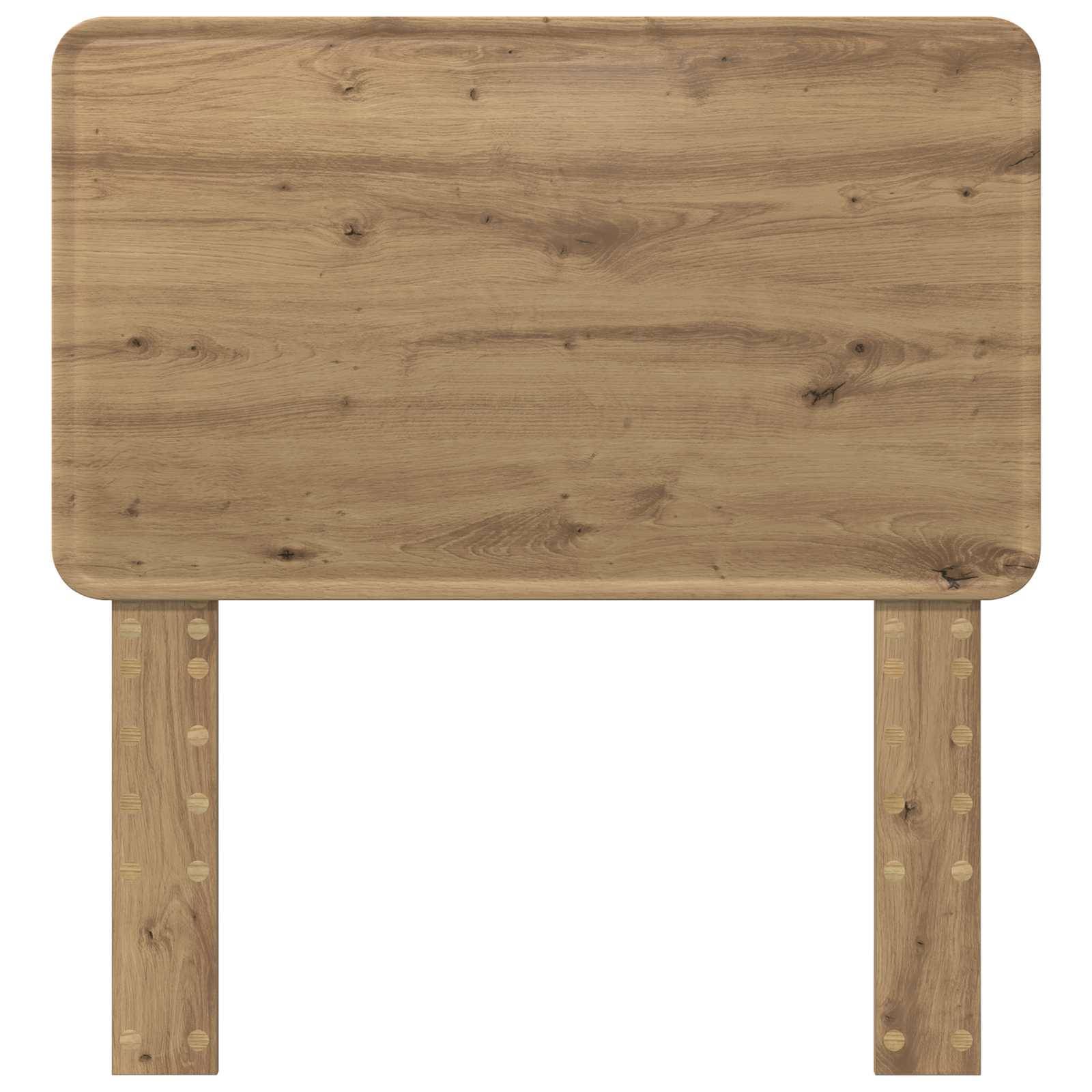 Ein rechteckiges Holzkopfende mit natürlichen Maserungsmustern und zwei vertikalen Holzstützen.