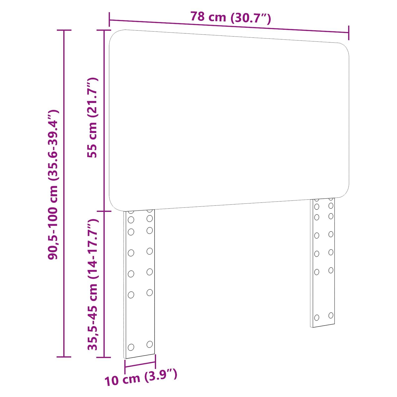 Rechteckiges Panel mit abgerundeten Ecken, 78 cm breit, 55 cm hoch, gestützt durch zwei perforierte Beine. Die Gesamthöhe reicht von 90,5 bis 100 cm.